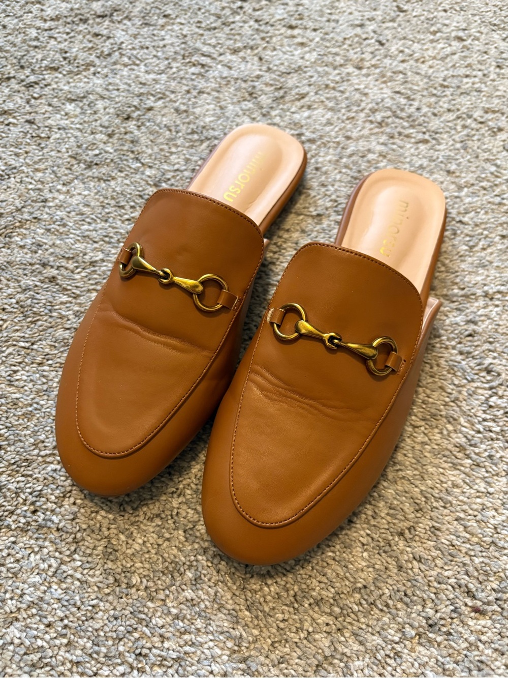 Women's Tan Leather Slip-On Mules with Gold Horsebit Detail